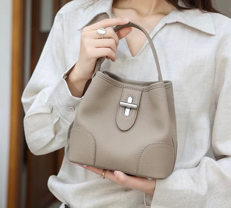 Summer 2026 Bucket Bag shoulder/crossbody real leather in black beige sky blue green khaki colors for women