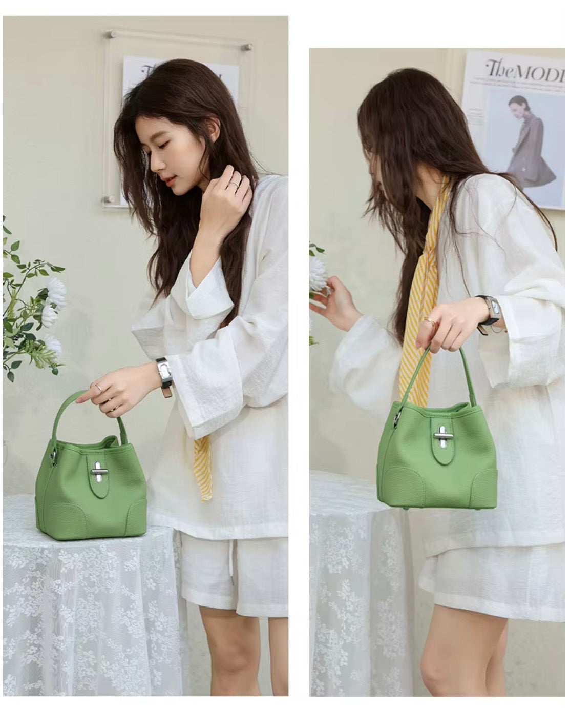 Summer 2026 Bucket Bag shoulder/crossbody real leather in black beige sky blue green khaki colors for women
