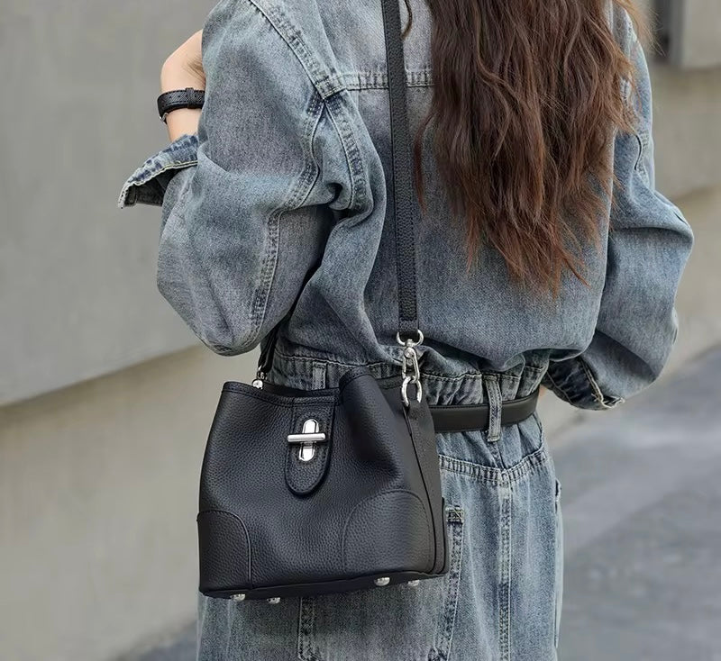 Summer 2026 Bucket Bag shoulder/crossbody real leather in black beige sky blue green khaki colors for women