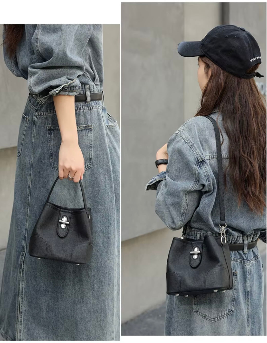 Summer 2026 Bucket Bag shoulder/crossbody real leather in black beige sky blue green khaki colors for women
