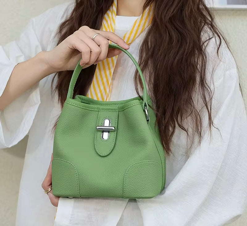 Summer 2026 Bucket Bag shoulder/crossbody real leather in black beige sky blue green khaki colors for women
