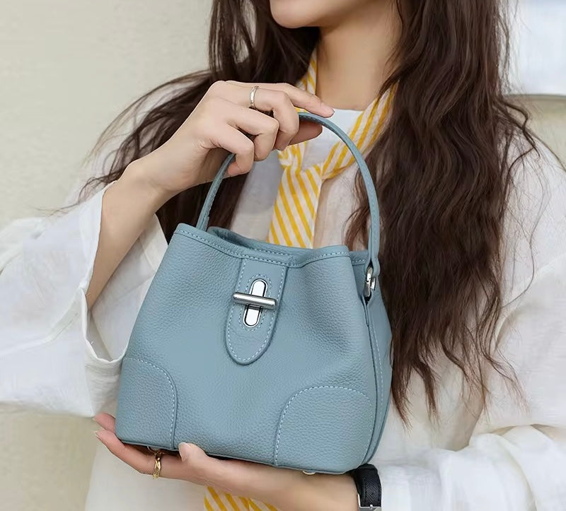 Summer 2026 Bucket Bag shoulder/crossbody real leather in black beige sky blue green khaki colors for women