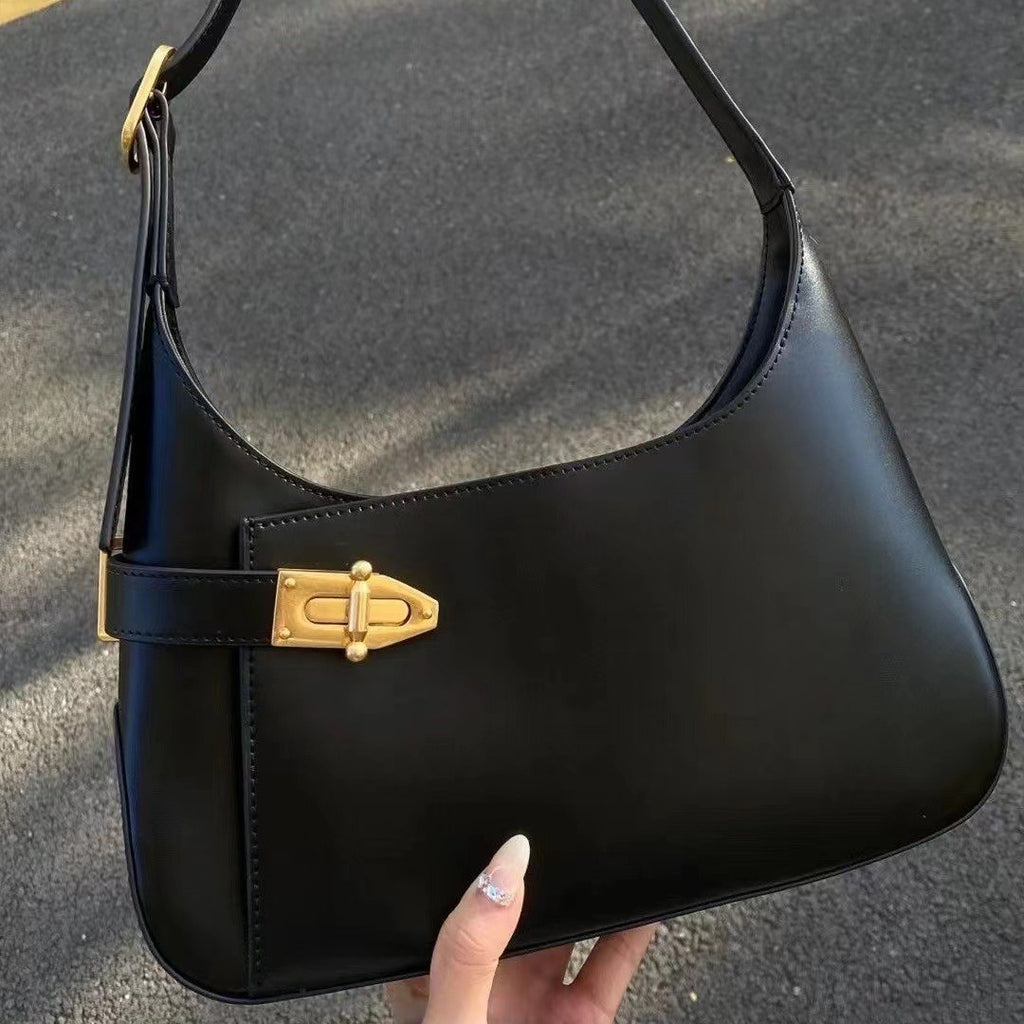 Leather Half-moon Hobo Bag With Gold Metal Lock