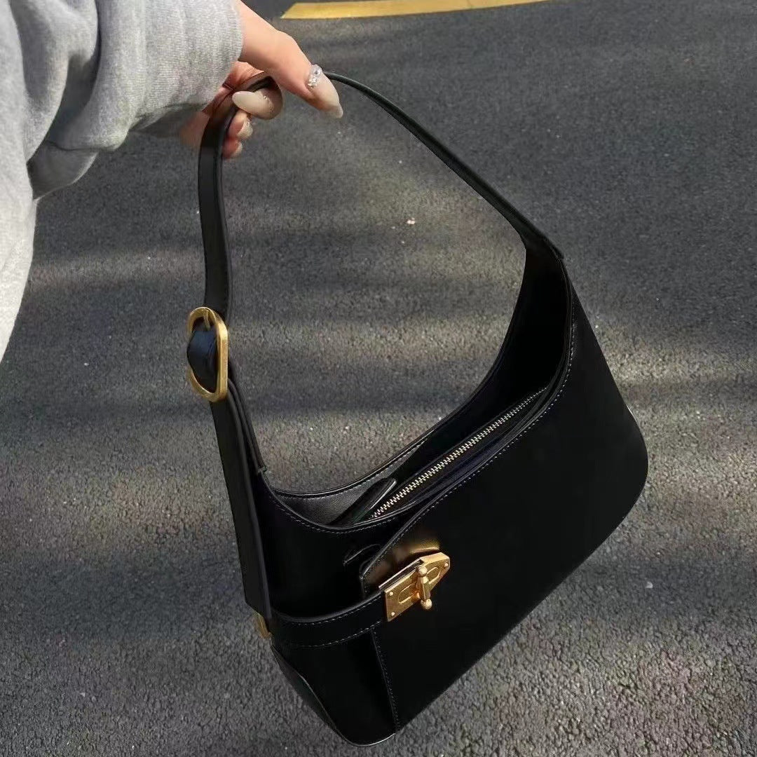 Leather Half-moon Hobo Bag With Gold Metal Lock
