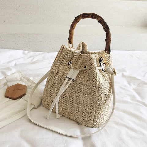 Woven Straw Shoulder Bag – Resort-Ready Beach Tote in Beige, Brown & White