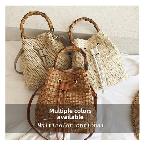 Woven Straw Shoulder Bag – Resort-Ready Beach Tote in Beige, Brown & White