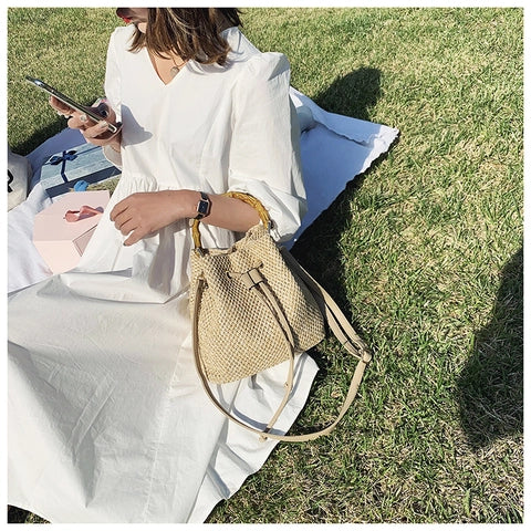 Woven Straw Shoulder Bag – Resort-Ready Beach Tote in Beige, Brown & White