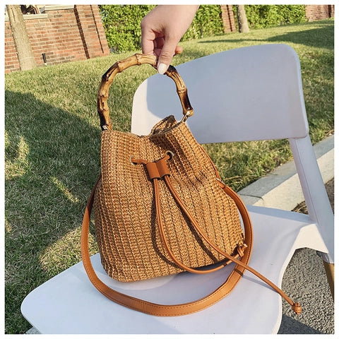 Woven Straw Shoulder Bag – Resort-Ready Beach Tote in Beige, Brown & White