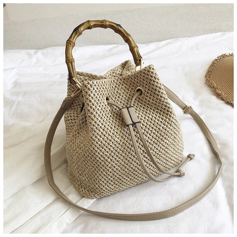 Woven Straw Shoulder Bag – Resort-Ready Beach Tote in Beige, Brown & White