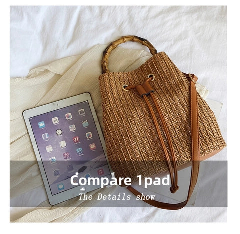 Woven Straw Shoulder Bag – Resort-Ready Beach Tote in Beige, Brown & White