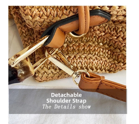 Woven Straw Shoulder Bag – Resort-Ready Beach Tote in Beige, Brown & White