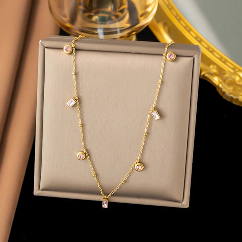 Pink Crystal Charm Necklace – Dainty Mixed Stone Gold Jewelry