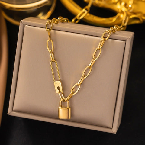 Gold Padlock Chain Necklace – Bold Lock Pendant Statement Jewelry