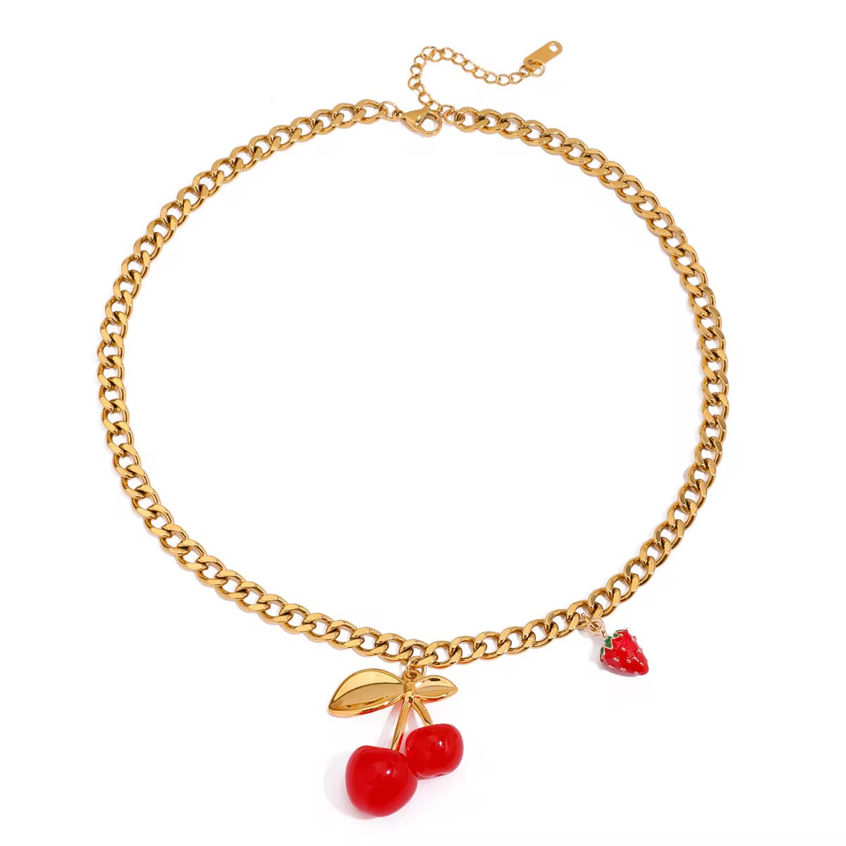 Cherry & Strawberry Charm Cuban Link Necklace