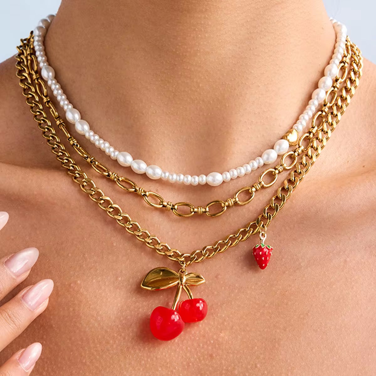 Cherry & Strawberry Charm Cuban Link Necklace