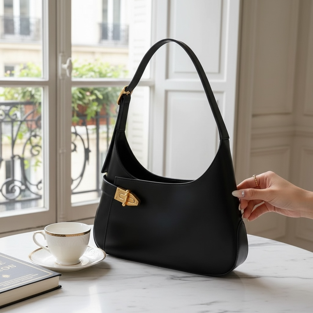 Leather Half-moon Hobo Bag With Gold Metal Lock